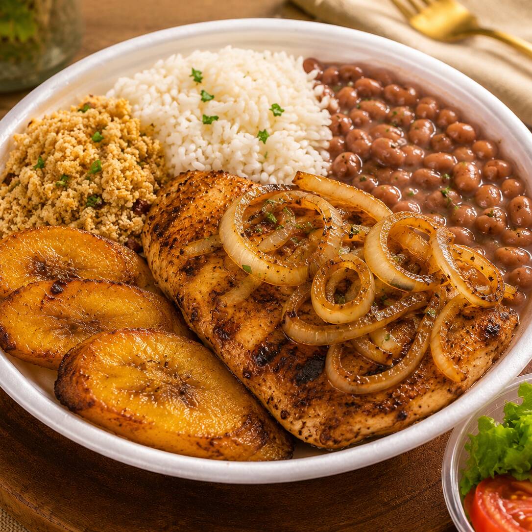 Frango grelhado acebolado, suculento e bem temperado, preparado com aquele toque caseiro especial e finalizado com cebolas douradinhas por cima. Acompanha arroz branco soltinho, feijão saboroso, banana frita docinha e dourada, além de farofa crocante para completar a refeição. A salada vai separada, fresquinha e leve, trazendo equilíbrio ao prato. Uma combinação brasileira completa, simples e irresistível.