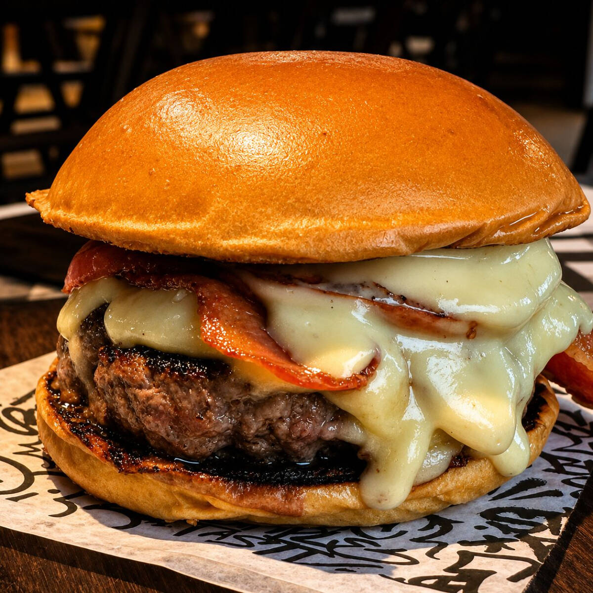 Burger de costela bovina 180g Exclusivo D'bronx, Bacon crocante, queijo muçarela, tomate gratinado e maionese no pão branco pincelado !