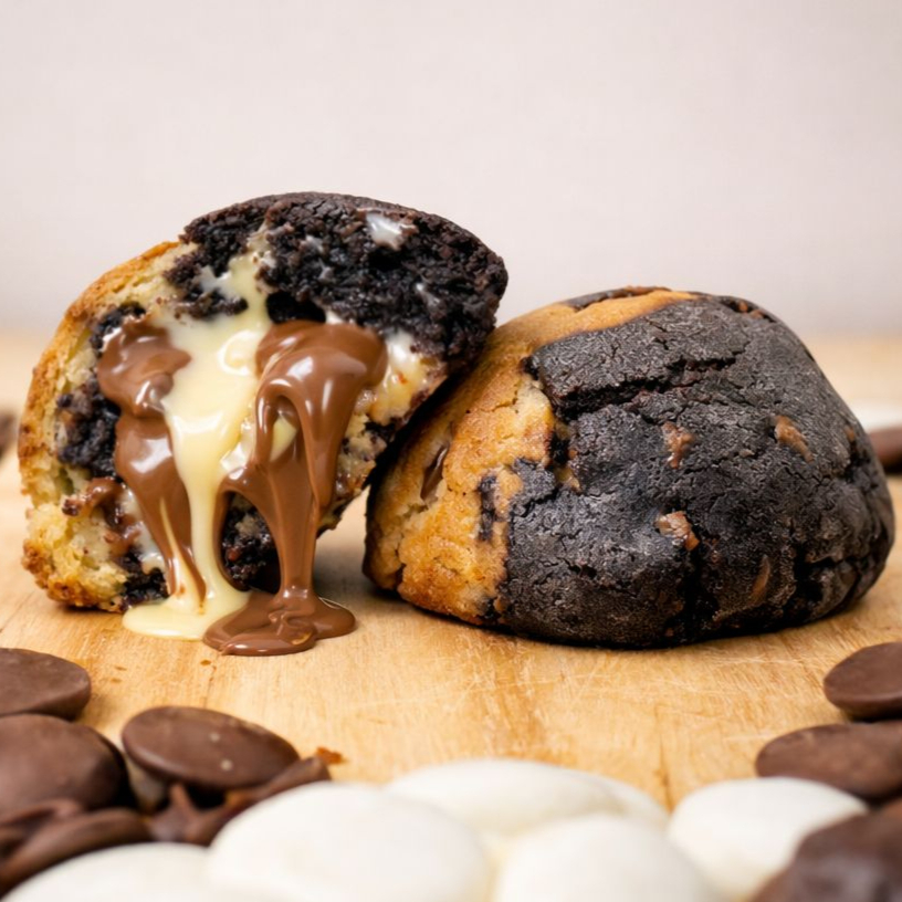 Um cookie tão lindo quanto delicioso! Metade de massa de cacau black com pedaços de chocolate branco e metade de massa tradicional com gotas de chocolate meio amargo. No centro, um recheio cremoso de chocolate ao leite e chocolate branco que derrete a cada mordida. Massa super amanteigada, crocante por fora e macia por dentro — um verdadeiro espetáculo de sabor.