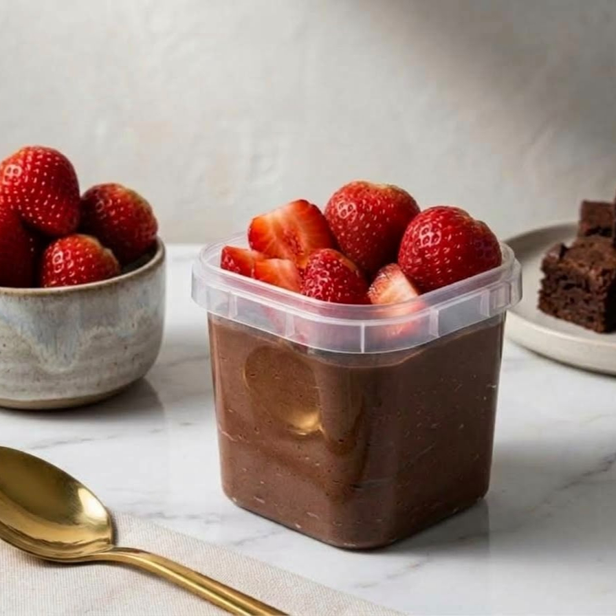 Pedacinhos de Brownie com brigadeiro cremoso 50% com morangos frescos picados . Pote 220ml