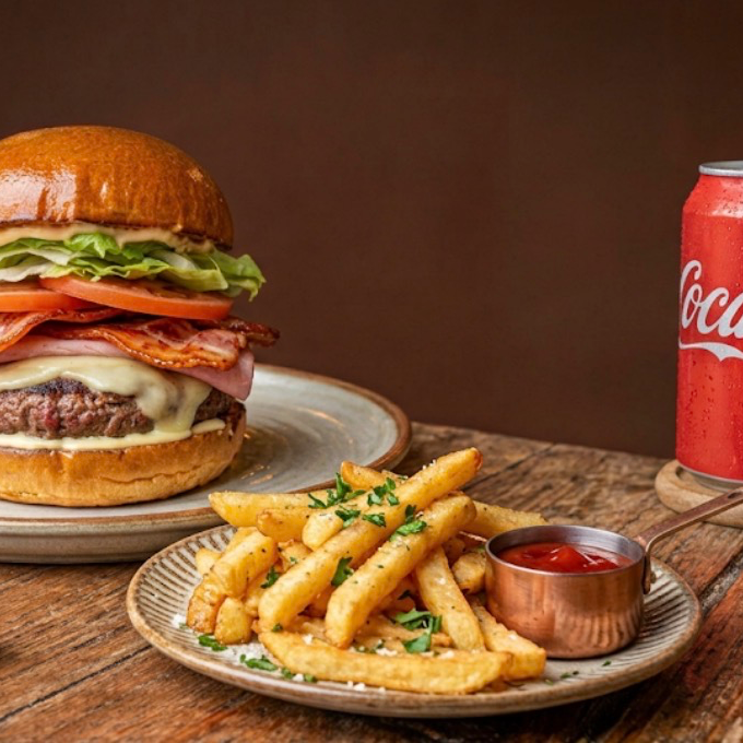 Pão, carne 150g, salada, queijo, presunto e bacon + batata + 1 lata coca
