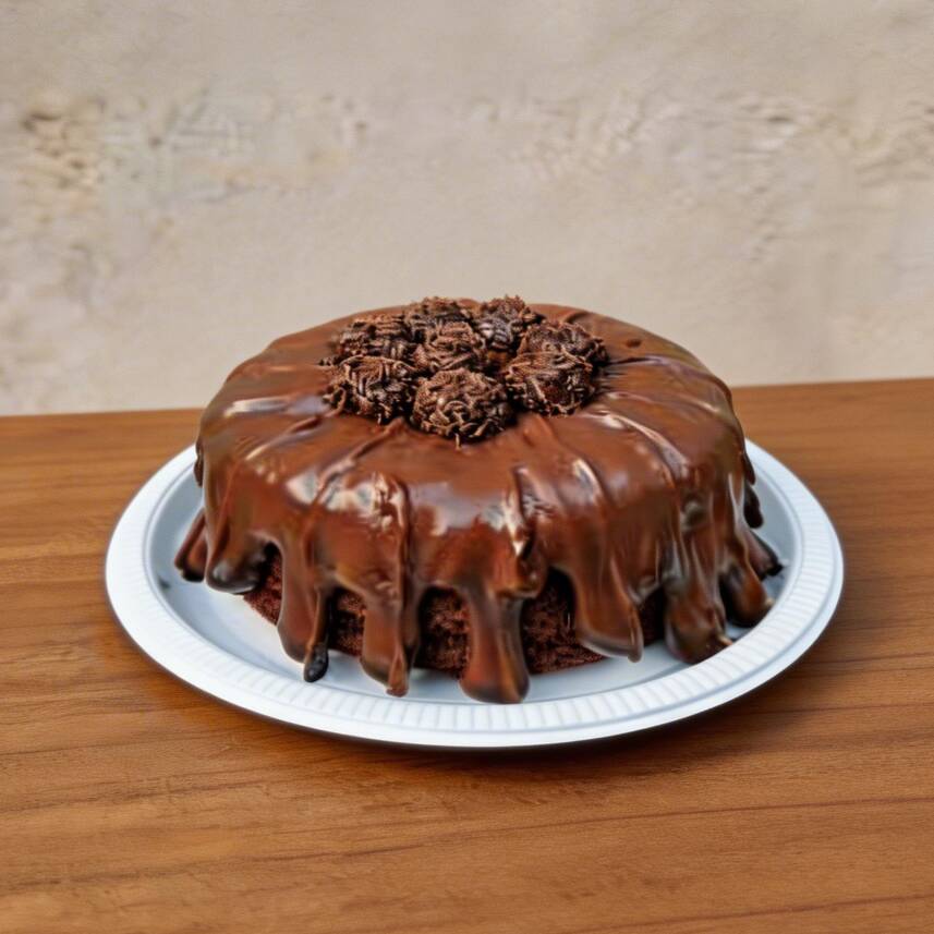 Massa de chocolate fofinha e molhadinha com uma cobertura de creme Brigadeiro, decorado com brigadeiros ao leite.