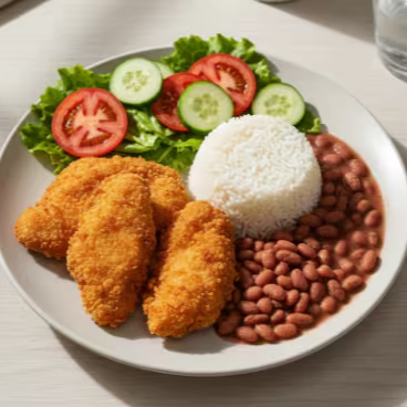 Frango Empanado Dourado E Crocante, Servido Com Arroz, Feijão Caseiro E Uma Refrescante Salada De Alface Com Tomate.