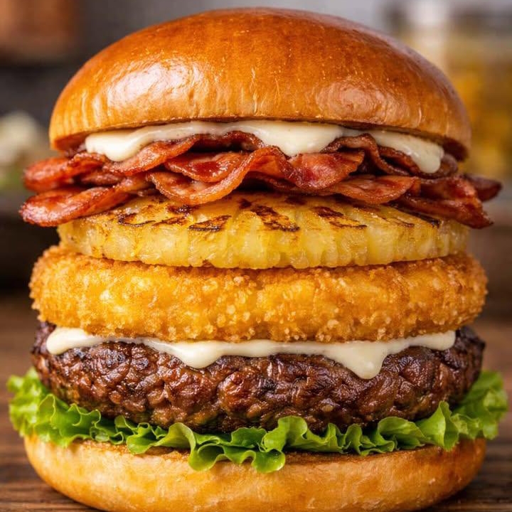 Pão brioche, hambúrguer 160g, queijo gratinado,mussarela, alface,abacaxi bacon e maionese