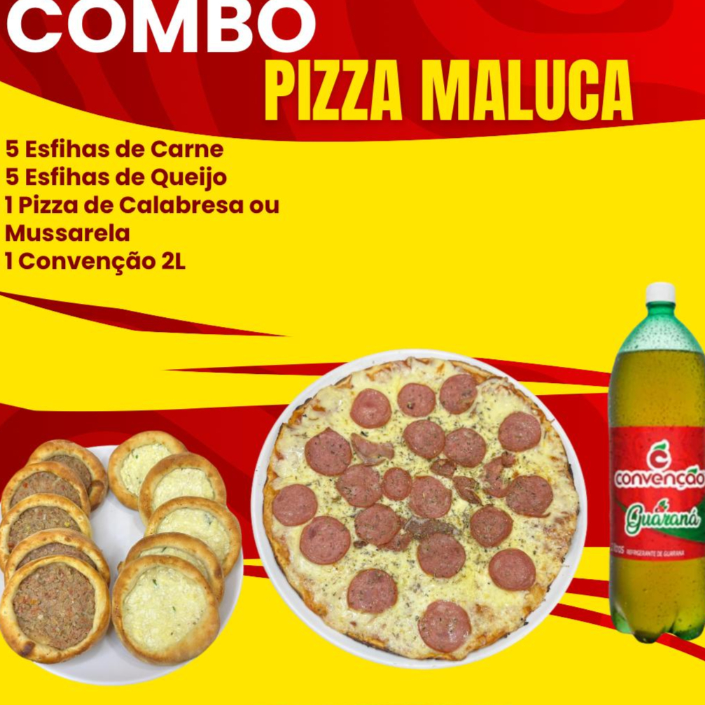 5 esfihas de carne, 5 esfihas de queijo, 1 pizza 35 cm (calabresa ou mussarela), 1 Convenção 2l