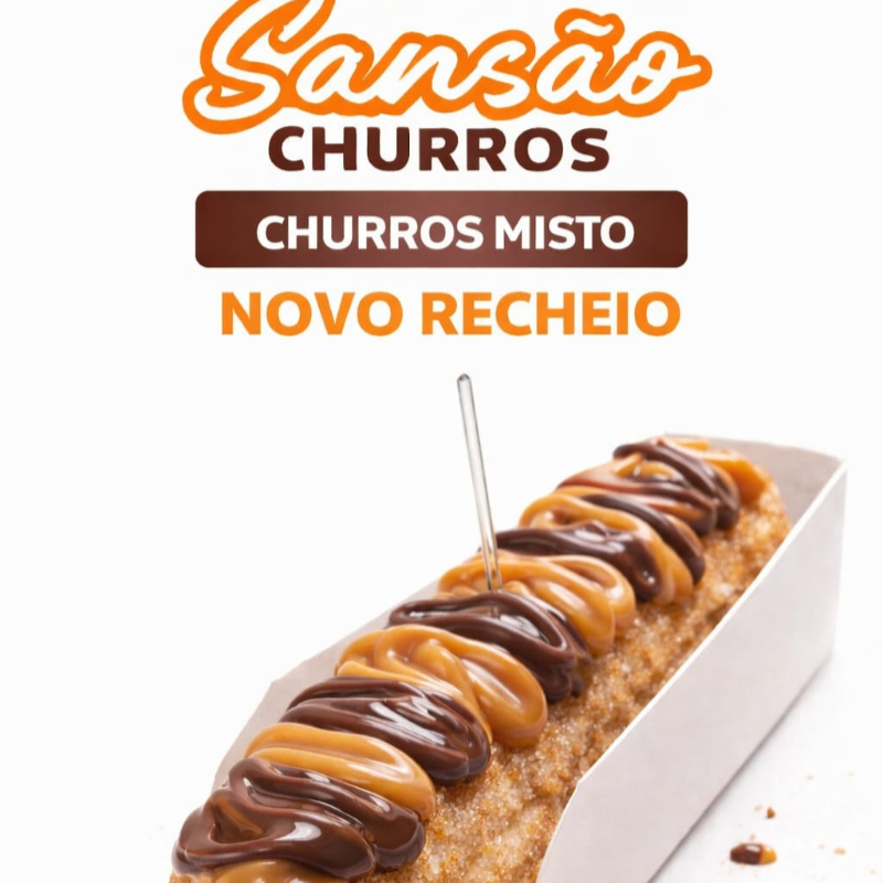 "Nosso churro Misto é a combinação perfeita! 😍 Metade chocolate, metade doce de leite. _Não acompanha granulado, mas você pode comprar a parte para dar aquele toque especial!_ 💡"