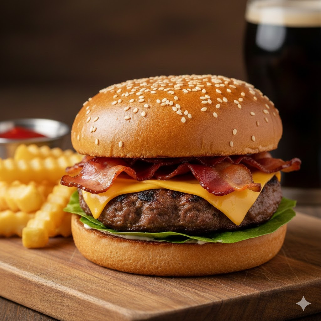 Pão, Carne, Queijo, Alface, Bacon e Maionese da casa. Nossos hambúrgueres são preparados com ingredientes selecionados para garantir uma experiência gastronômica única.