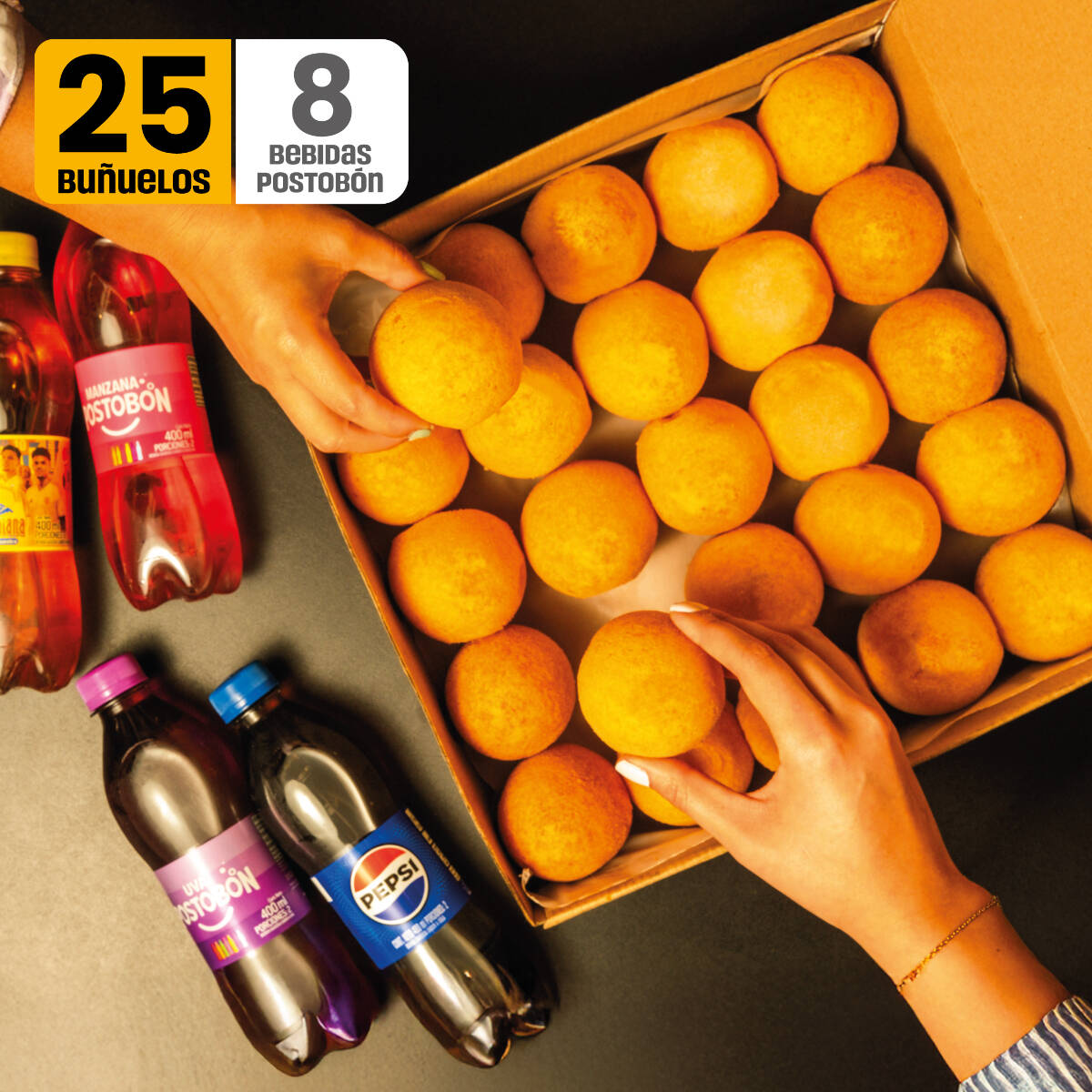 Caja X25 Buñuelos Tradicionales + 8 Gaseosas 400ml