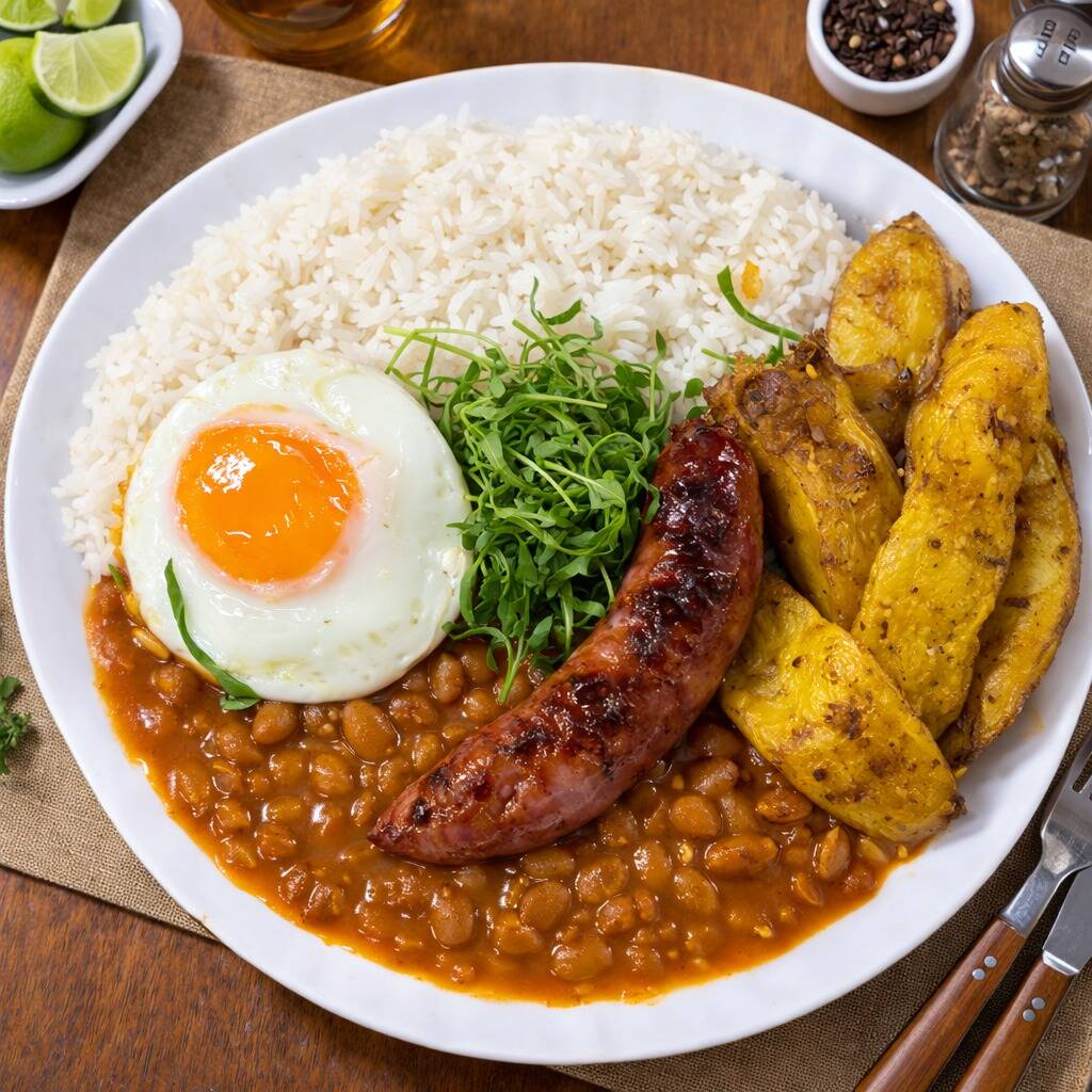 Arroz branquinho e soltinho, feijão carioca fresquinho e temperado, linguiça artesanal saborosa com especiarias e levemente apimentada, ovo frito, couve fresca, batata frita caseira.