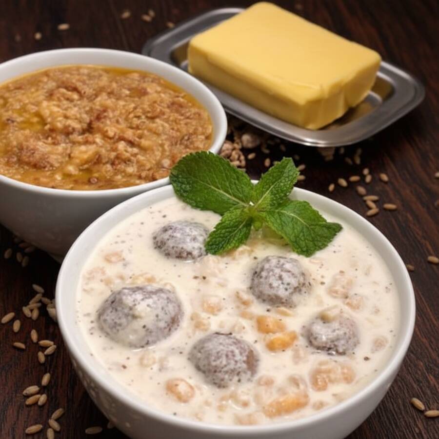 Sopa de Coalhada: Trigo Inteiro, Grão de Bico, Bolinhas de Kibe Recheadas, Hortelã Seca, Alho Frito e Limão. Sopa Madah: Trigo Grosso, Cebola, Manteiga e Carne Desfiada.