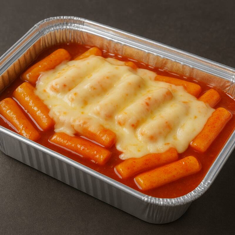 Rolinhos de arroz em molho apimentado feito com gochujang + ovo cozido + cebolinha verde, coberto por mussarela derretida.