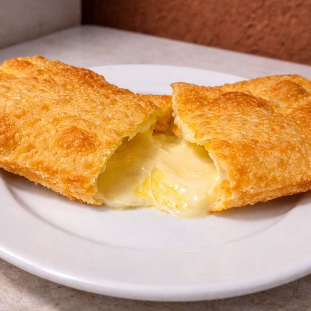 Pastel frito recheado com queijo, irresistivelmente crocante e saboroso.