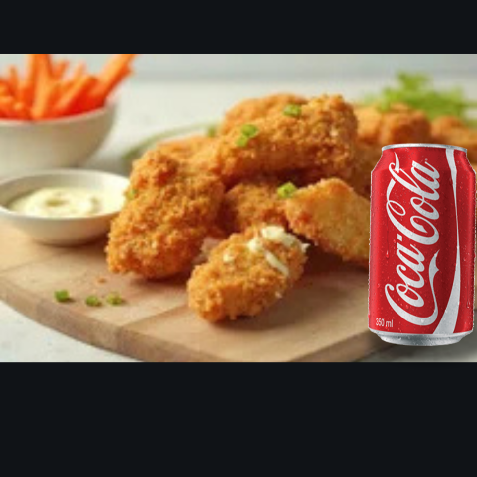 Delicioso Combo com Marmita de Iscas de Frango Empanado, Arroz Branco, Feijão Caseiro, Fritas Crocantes, Farofa da Casa e Salada Mista (Alface, Tomate e Cebola). Acompanha 01 Coca Cola Lata (350ml).