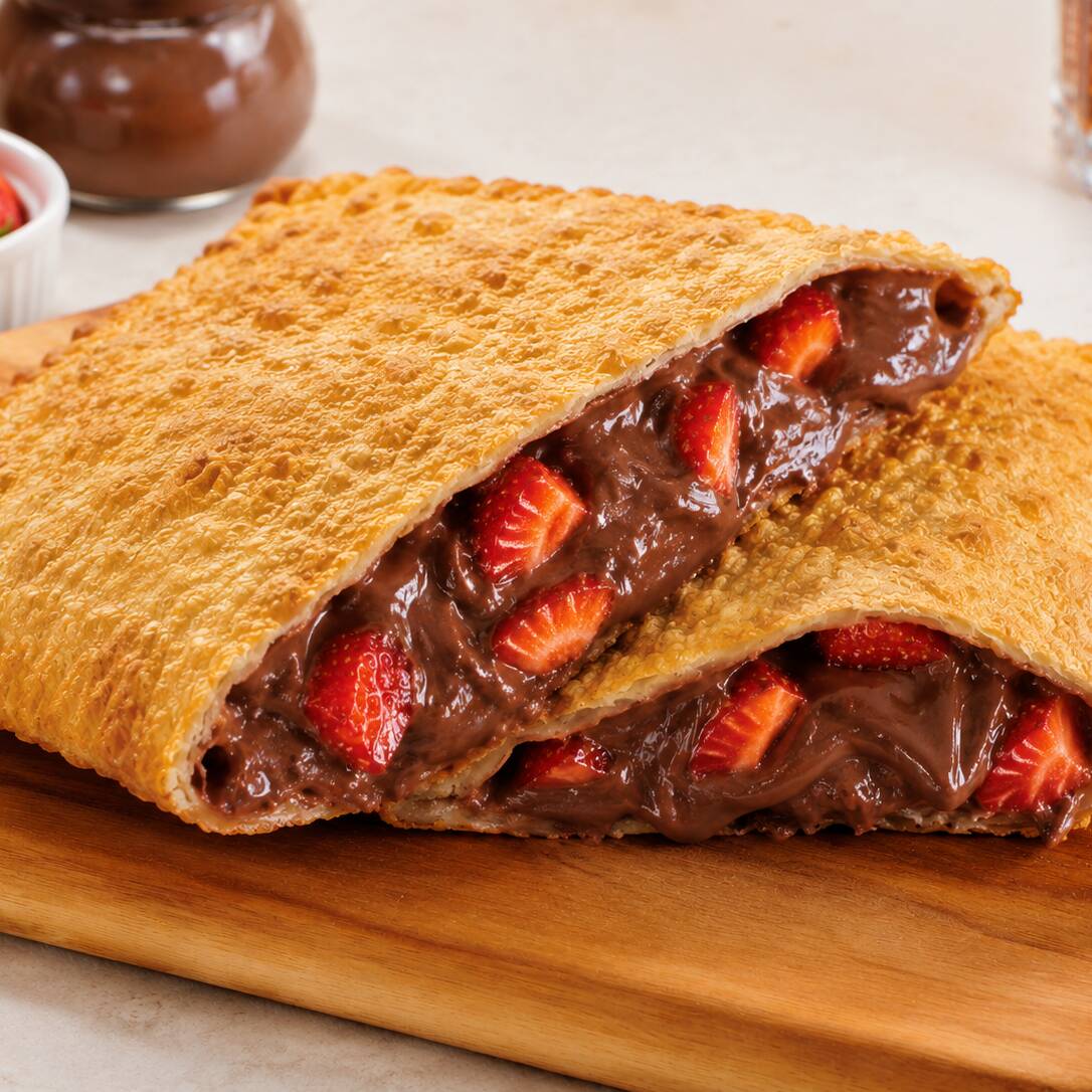 Pastel doce de 21 cm com chocolate cremoso e morango, feito na hora com massa crocante e recheio delicioso. Uma sobremesa rápida, caprichada e perfeita para quem quer doce com sabor de verdade.