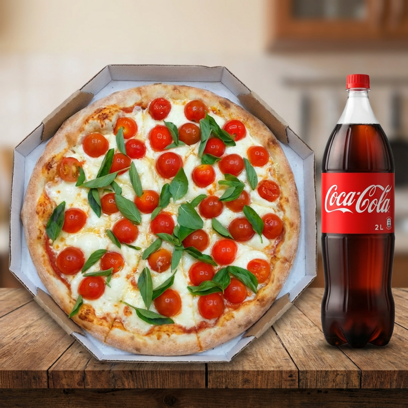 Deliciosa pizza Marguerita, cuidadosamente preparada com a suculenta mussarela de búfala, que adiciona um toque de sofisticação. Acrescentamos o irresistivelmente cremoso Catupiry, que se funde perfeitamente com o sabor da mussarela. Adicionamos ainda, tomates cereja frescos e vibrantes que proporcionam um sabor doce e suave, equilibrando a riqueza dos queijos. Para finalizar, salpicamos manjericão fresco, trazendo um aroma inconfundível. Acompanha uma refrescante Coca-Cola de 2 litros, perfeita para completar essa experiência gastronômica deliciosa e satisfatória.