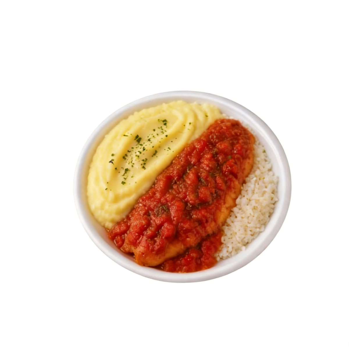 arroz, feijão, filé de peixe ao molho, batata frita ou pure de batata