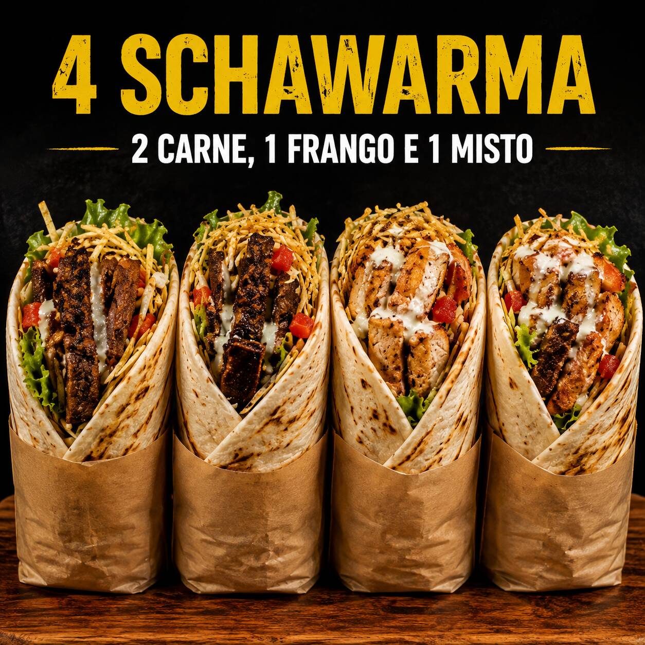 Combo 4 Schawarmas
Perfeito para compartilhar! Um combo com 4 schawarmas artesanais, preparados na hora com pão sírio macio, carnes grelhadas, salada fresca e molho especial da casa.
O combo inclui:
🥩 2 Schawarmas de Carne
🍗 1 Schawarma de Frango
🥩🍗 1 Schawarma Misto (Carne + Frango)
Ideal para dividir com a família ou os amigos, com muito sabor e ingredientes selecionados.