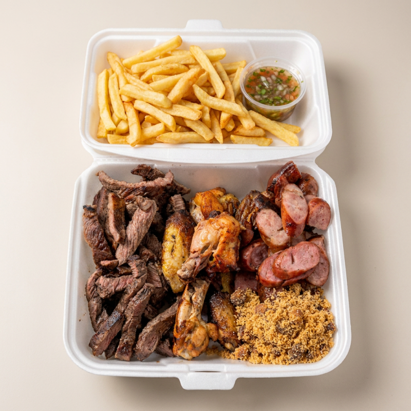 A 'Porção de Churrasco Grande' é uma opulenta combinação de sabores que transcende a simples categoria de 'Porções'. Neste prato grandioso, você encontrará um churrasco misto, cuidadosamente preparado para oferecer uma experiência carnívora inesquecível. Acompanha uma generosa porção de batatas fritas, crocantes e douradas, preparadas na hora, garantindo o máximo de sabor. O molho à campanha, fresco e levemente picante, proporciona um contraste perfeito, enquanto a farofa, suave e rica, traz a textura perfeita para completar essa sinfonia de sabores. Este é, sem dúvida, um prato feito para satisfazer os apetites mais exigentes.