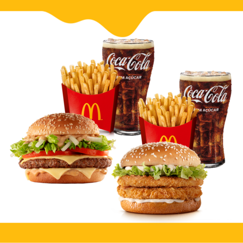 OFERTA VÁLIDA NA COMPRA DE: 1 (um) sanduíche Tasty Turbo 1 Carne, 1 (um) sanduíche McChicken Duplo, 2 (duas) McFritas Médias e 2 (duas) bebidas. IMAGENS MERAMENTE ILUSTRATIVAS.