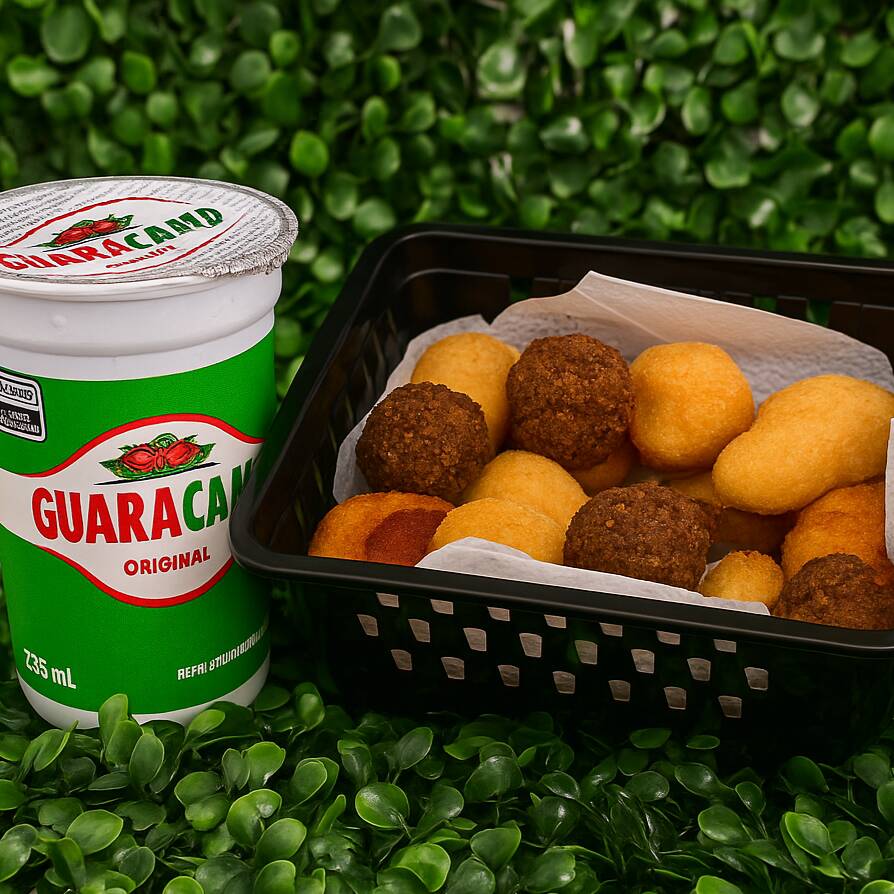 Perfeito para matar a fome com sabor! Nosso combo vem com 15 salgadinhos variados (coxinha, quibe, bolinha de queijo) e 1 Guaracamp.