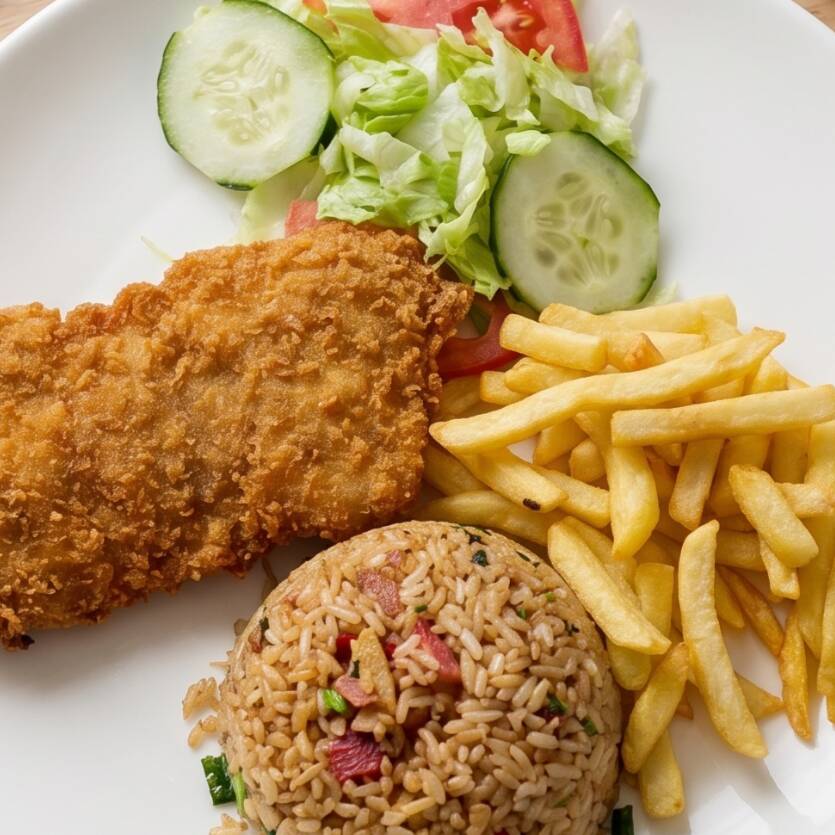 97. Filete de Pescado Empanizado y Papas