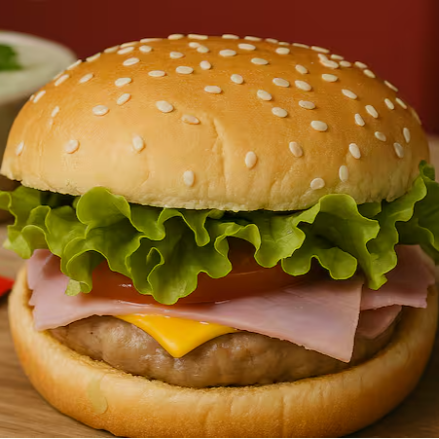 Pão, carne, queijo, presunto e salada