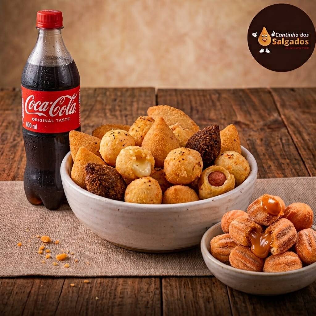 Combo festa composto por 50 mini salgadinhos sortidos nos sabores: frango, carne, pizza, queijo, kibe ,40 mini churros e uma coca 600 ml.