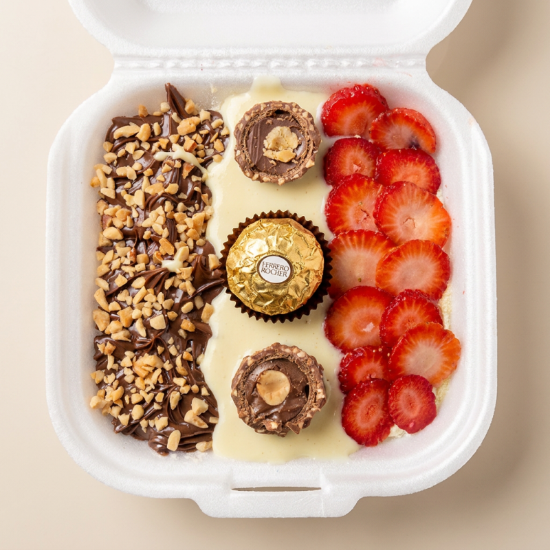 Açai tradicional , creme de avelã , xerém , creme de ninho , morangos , ferrero rocher e leite em pó