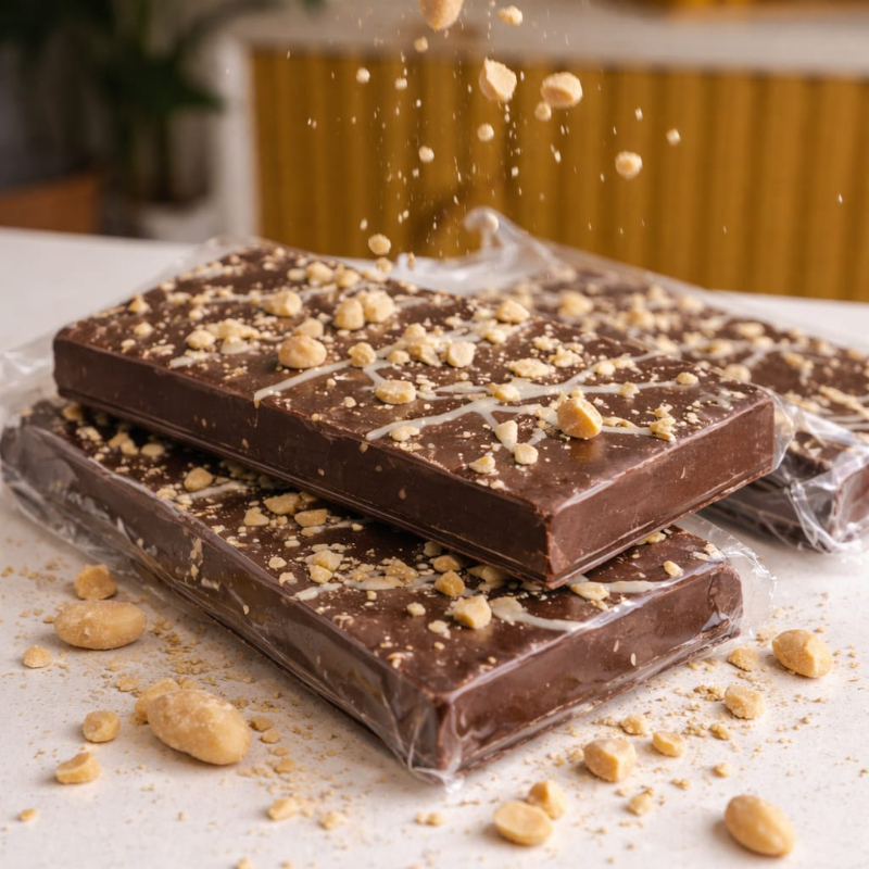 Chocolate ao leite com amendoim moido.