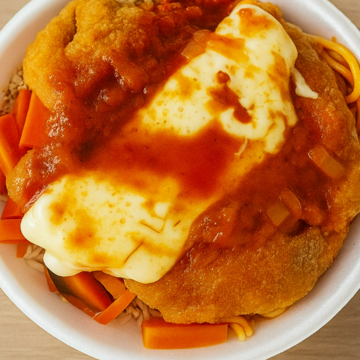 Marmita P de filé de frango à parmegiana. Acompanha arroz soltinho, feijão temperadinho, macarrão delicioso, legumes refogados e farofa caseira