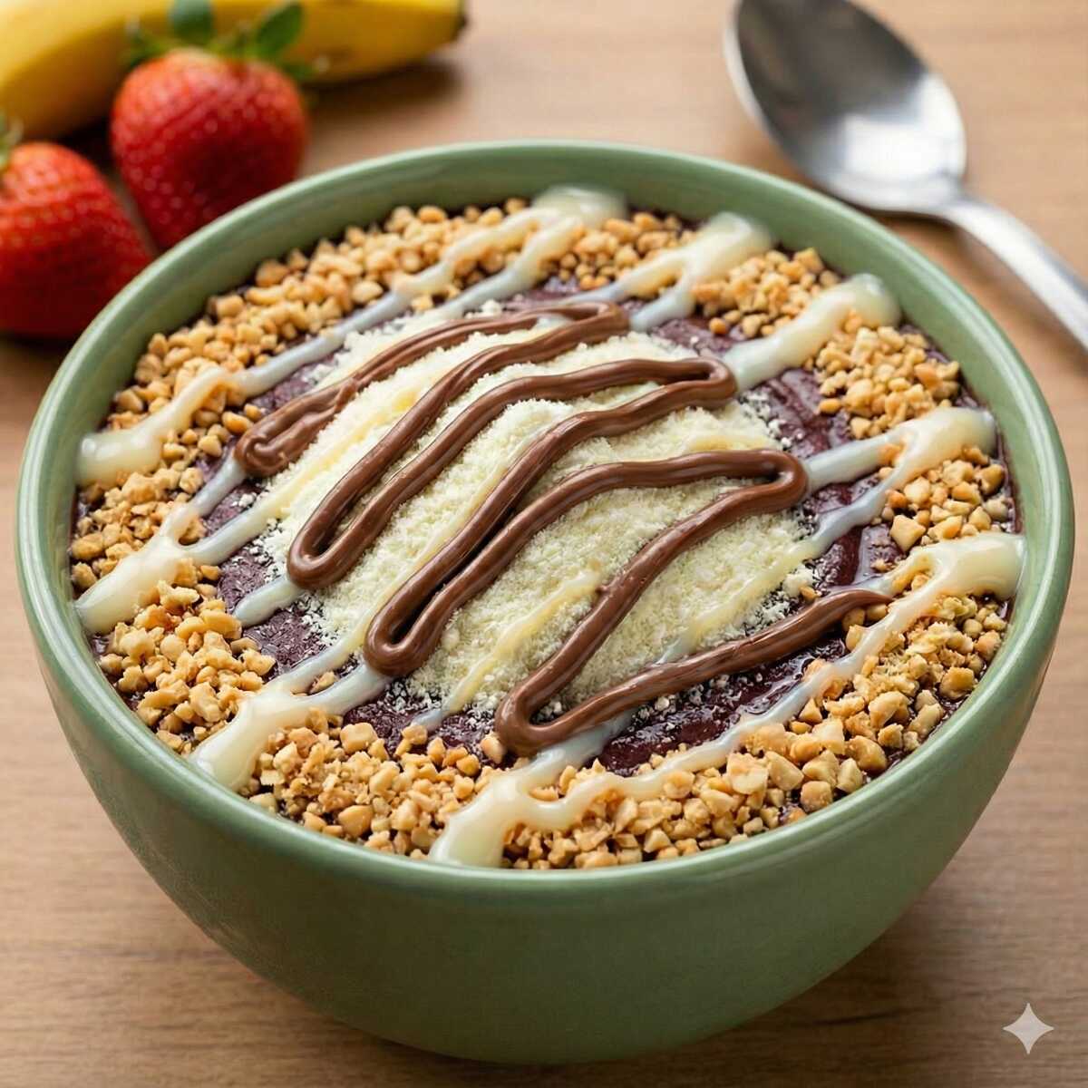 Nosso CAMPEÂO Absoluto! A experiência premium de açaí que todos amam. Cremosidade intensa da Nutella (original) com o crocante do amendoim e o sabor do leite em pó, finalizado com o leite condensado. *Imagem ilustrativa