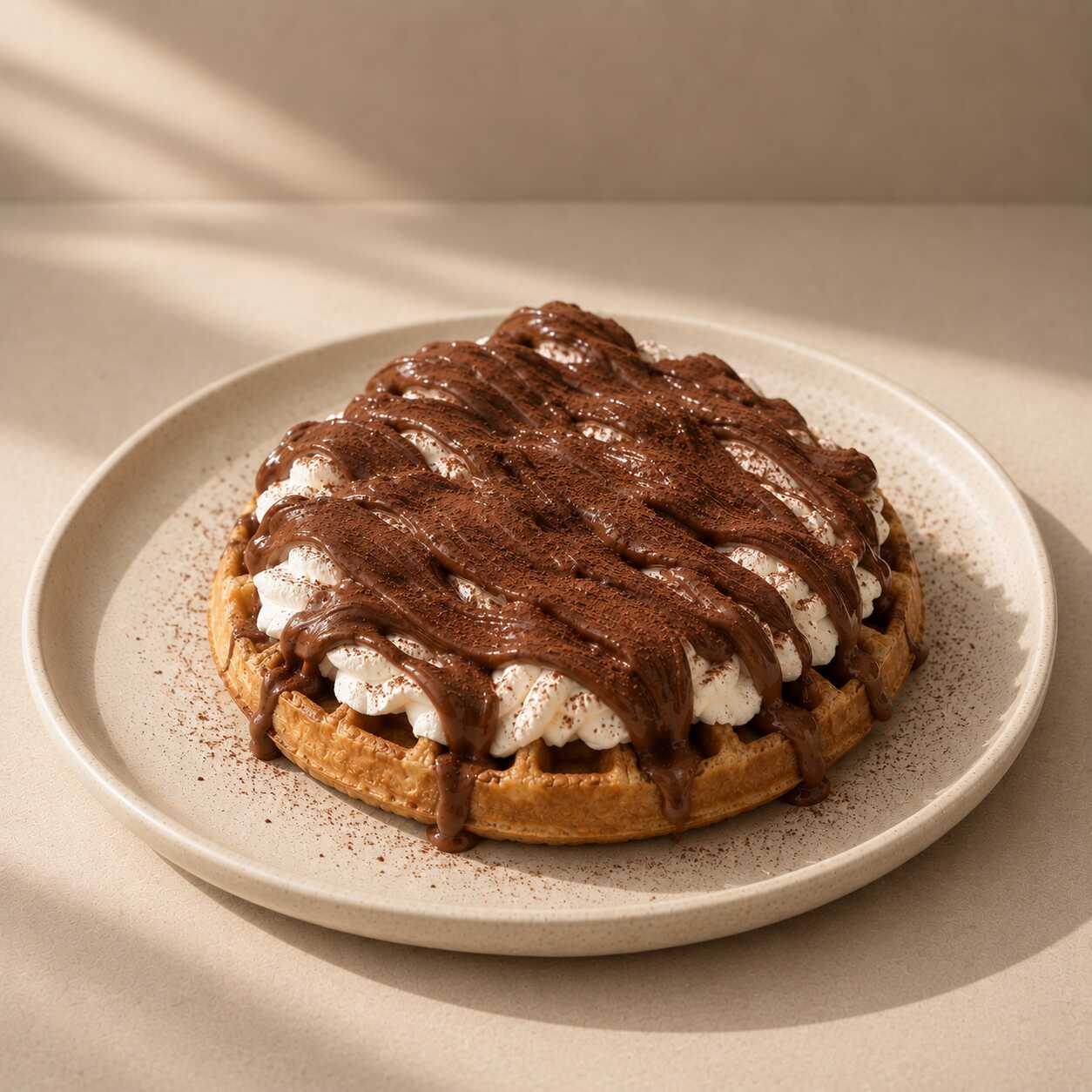 Waffle - Creme de Avelã e Chocolate 50%
Waffle preparado com massa dourada e macia, coberto com uma camada de chantilly e creme de avelã. Finalizado com chocolate em pó 50%.