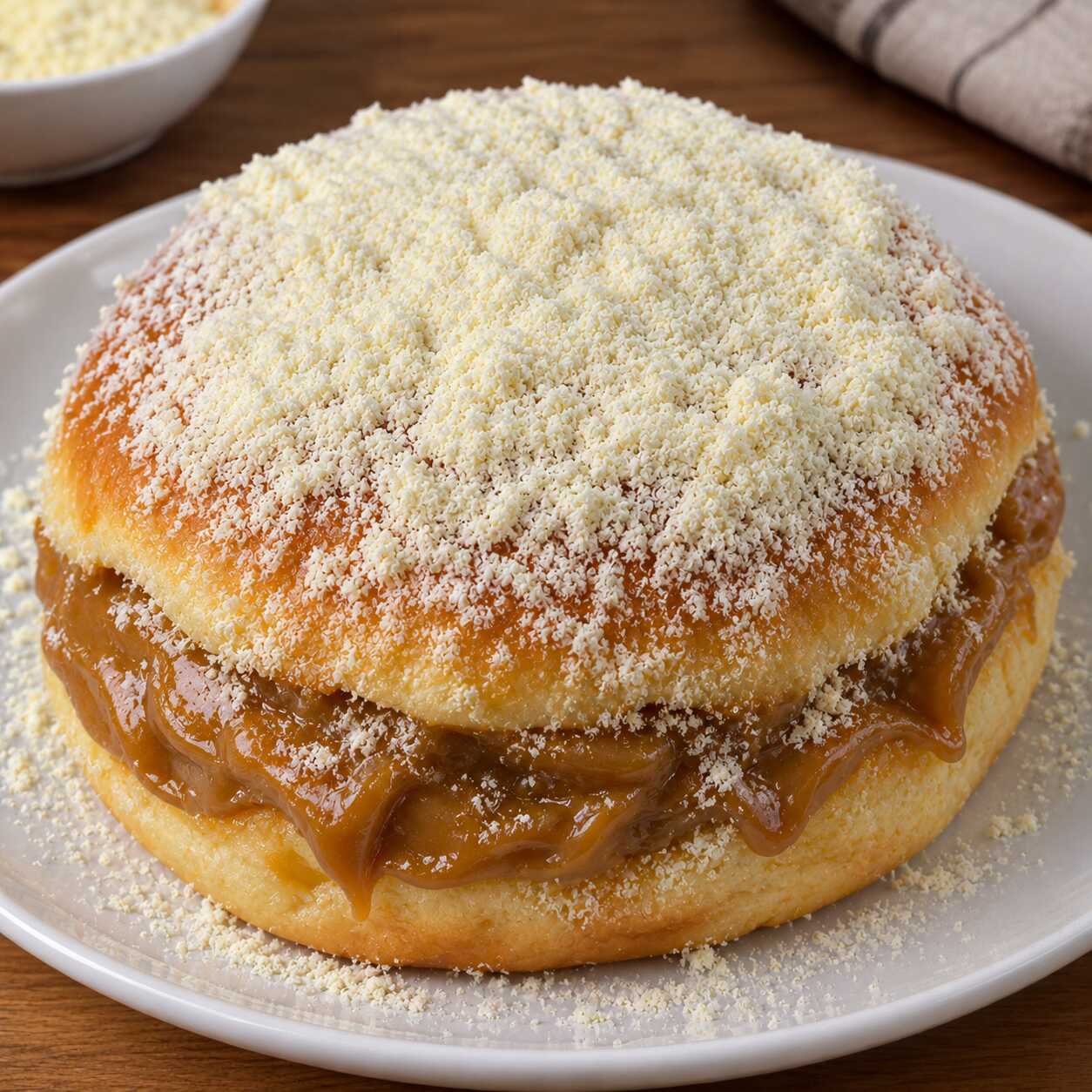 Pão delicia recheado de doce de leite com leite ninho .
