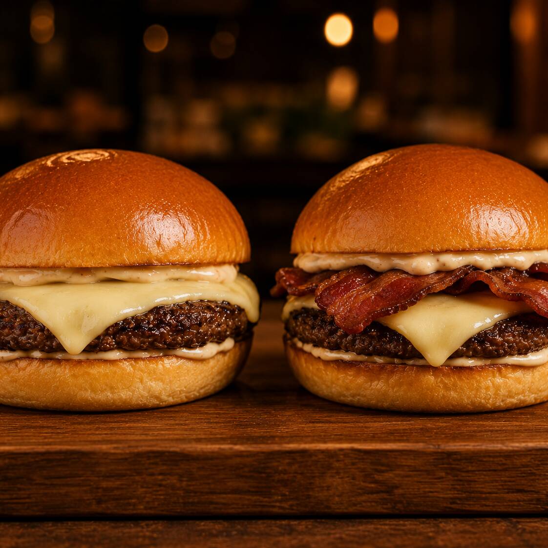 Cheese Burguer: Pão brioche, hambúrguer, muçarela e maionese da casa. Cheese Bacon:Pão brioche, hambúrguer, muçarela e maionese da casa