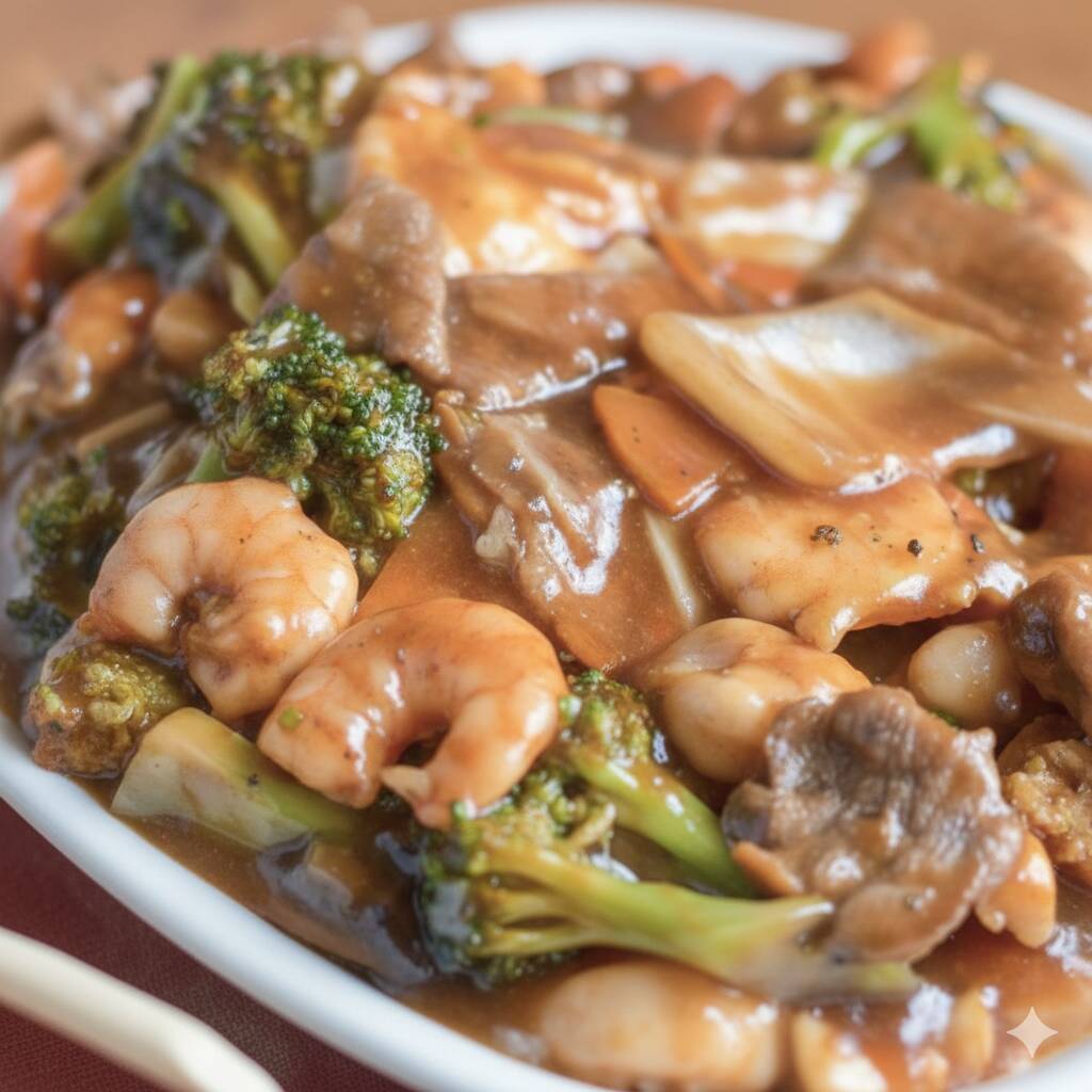 yakissoba com camarao carne e frango e legumes