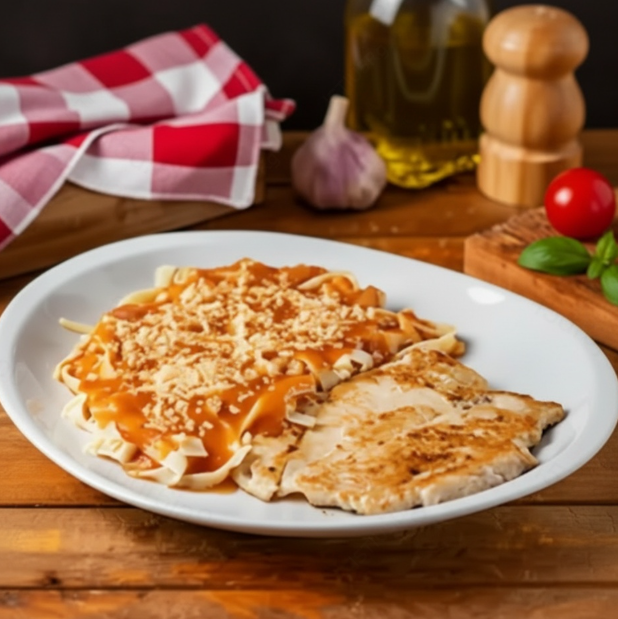 Delicioso fetuccine ao molho promodoro artesanal com parmesão com filé de frango
