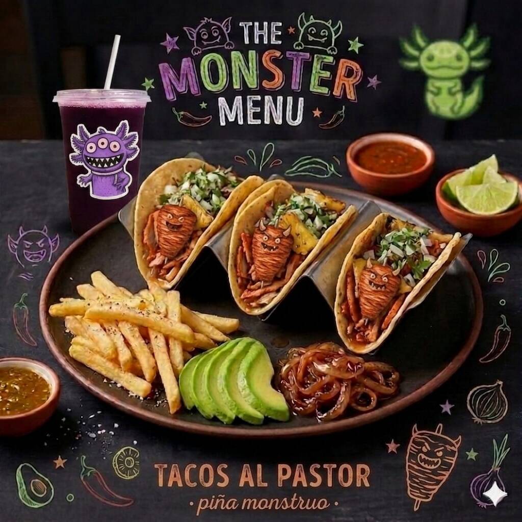 3 Tacos de Pastor y Medio Litro de Agua