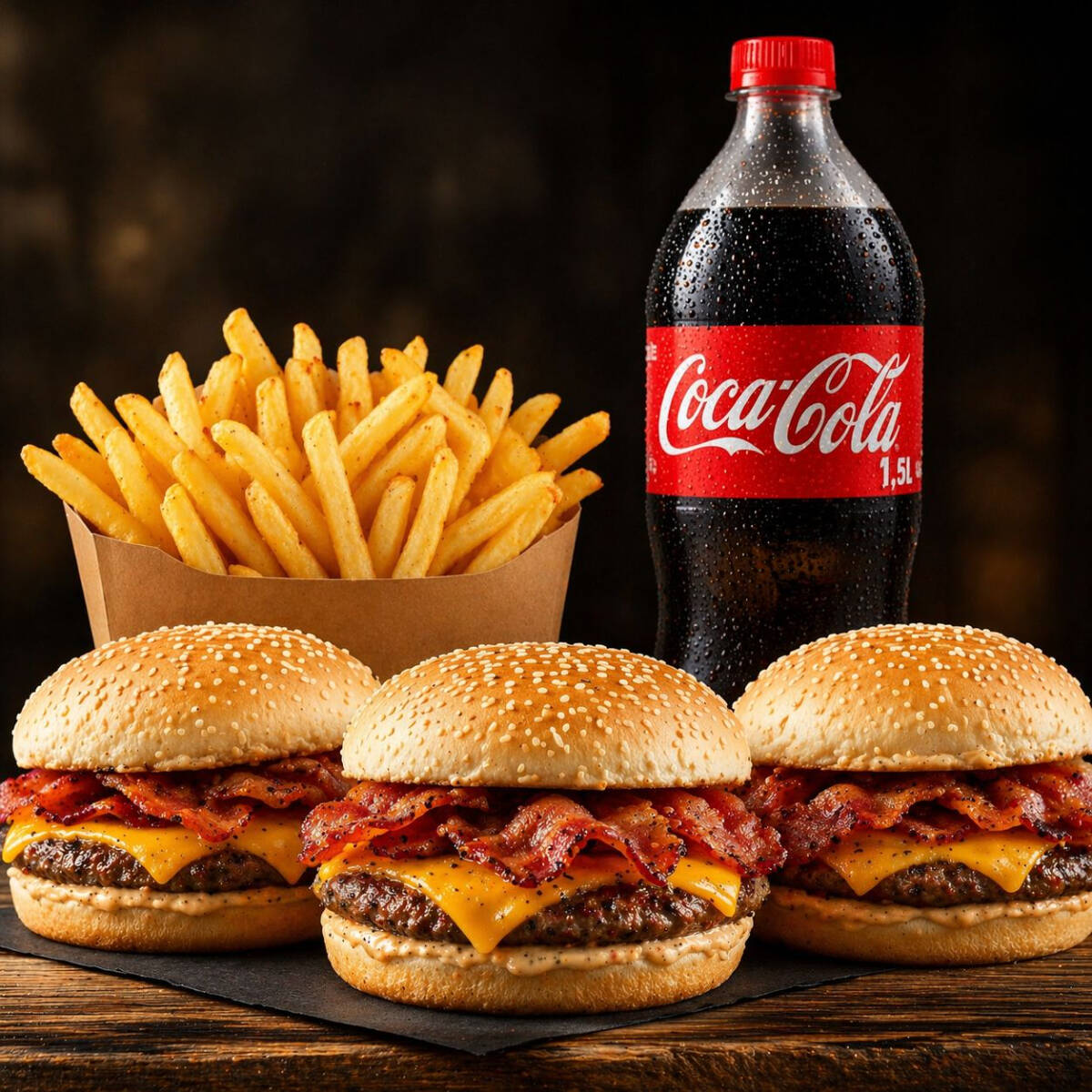 3 X BACON COM 1 CARNE, QUEIJO E BACON + BATATA FRITA PORÇÃO GRANDE + REFRI 1,5 COCA