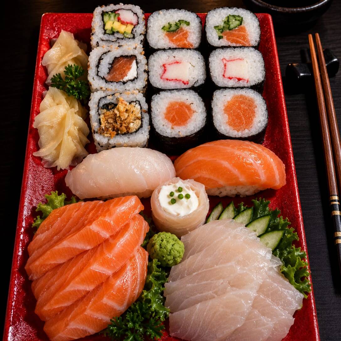 10 sushis variados, 5 sashimis de salmão, 5 sashimis de tilápia