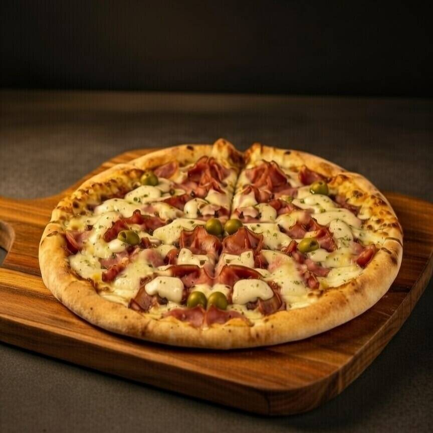 Pizza italiana de calabresa com base em muçarela, MUITO catupiry original e o sabor especial que só a Hant's sabe fazer. Acompanha azeitona premium sem caroço.