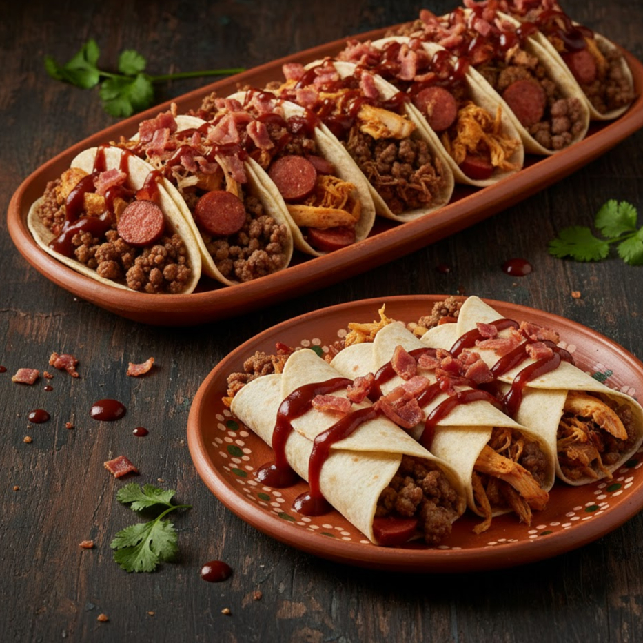 Tortilha macia com carne, calabresa, frango, pernil e carne seca cobertos com bastante bacon e barbecue