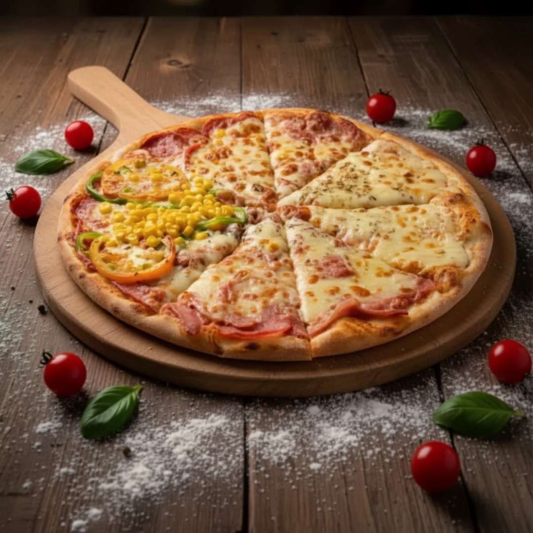 2 fatia à moda, 2 fatias presunto, 2 fatias calabresa, 2 fatias frango com catupiry.