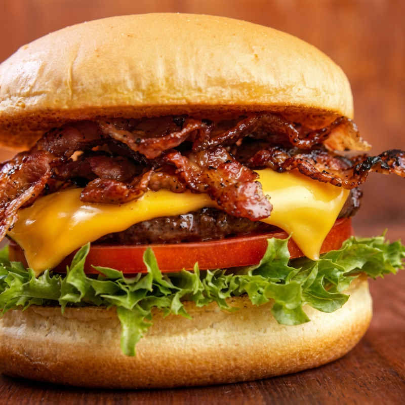Pão de hamburguer, 2 fatias de queijo 1 hamburguer grande, bacon, alface e tomate