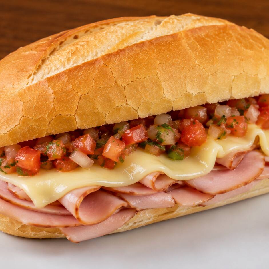 Com queijo e vinagrete.