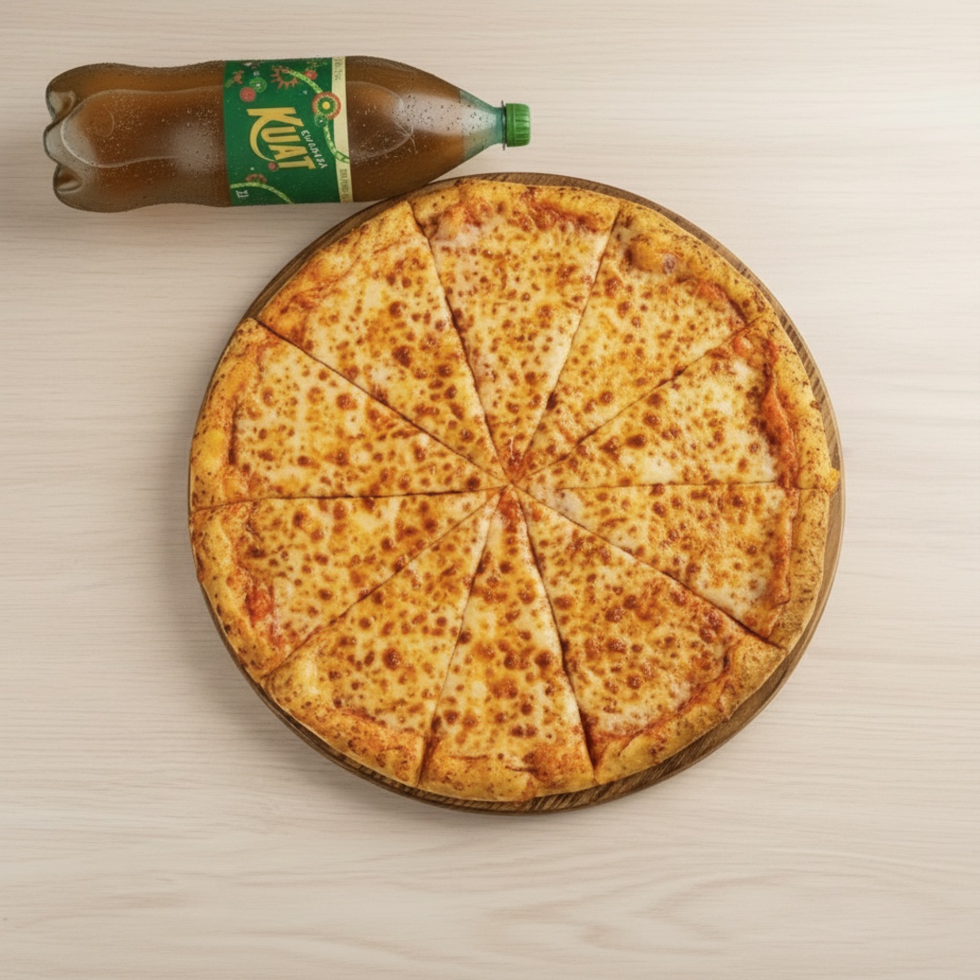 Classica, cremosa e perfeita para compartilhar! Nossa pizza família de mussarela tem 35cm, vem com 12 fatias bem servidas, coberta com mussarela derretida e orégano, além de uma irresistível borda de requeijão cremoso. Para completar o combo, ainda acompanha 1 refrigerante Kuat de 2 litros grátis!