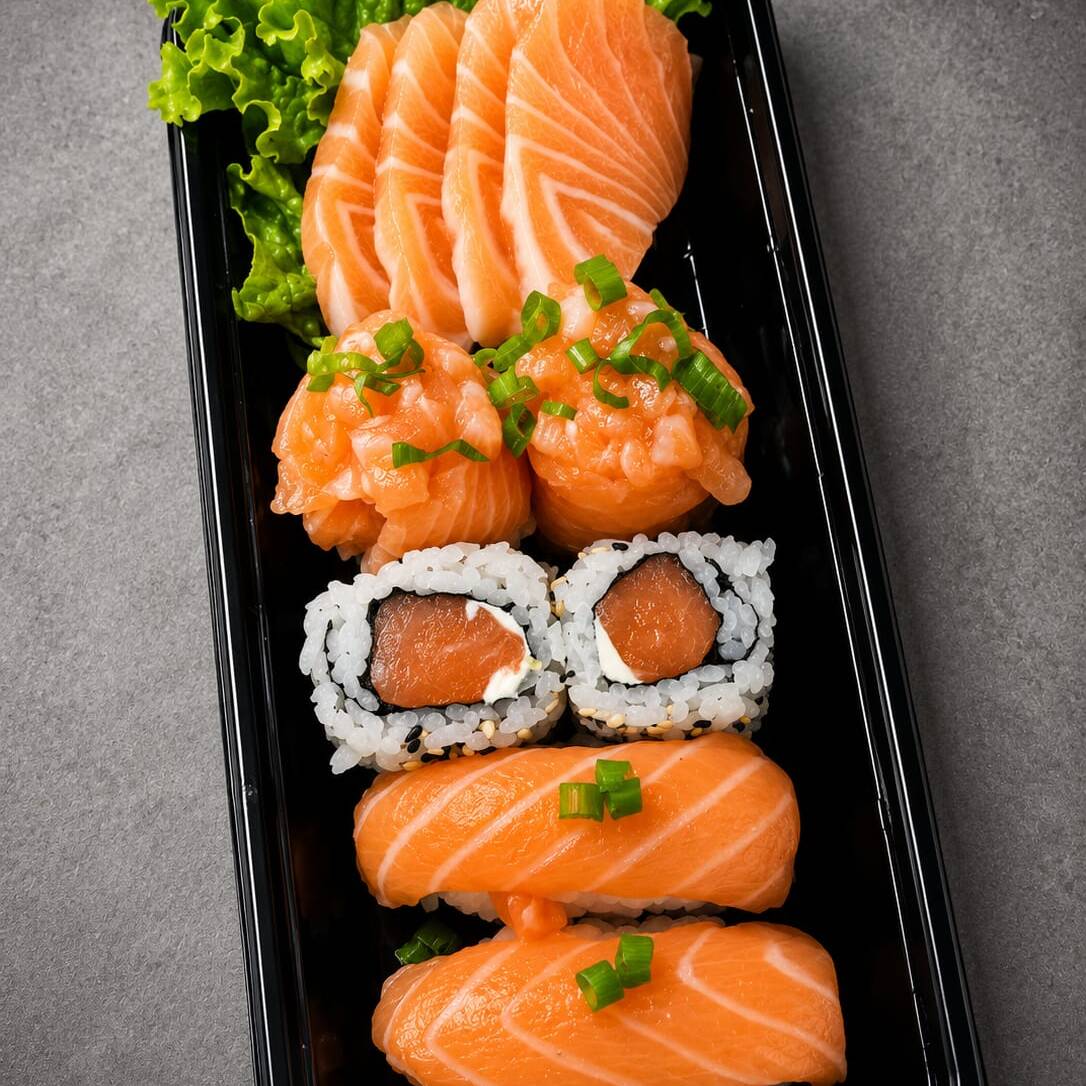 2 niguris de salmão, 2 uramaki de salmão, 2 dyo´s de salmão e 4 sashimis de salmão.