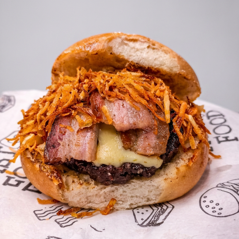 burger de costela 120g, queijo mussarela, bacon, batata palha caseira e maionese da casa.