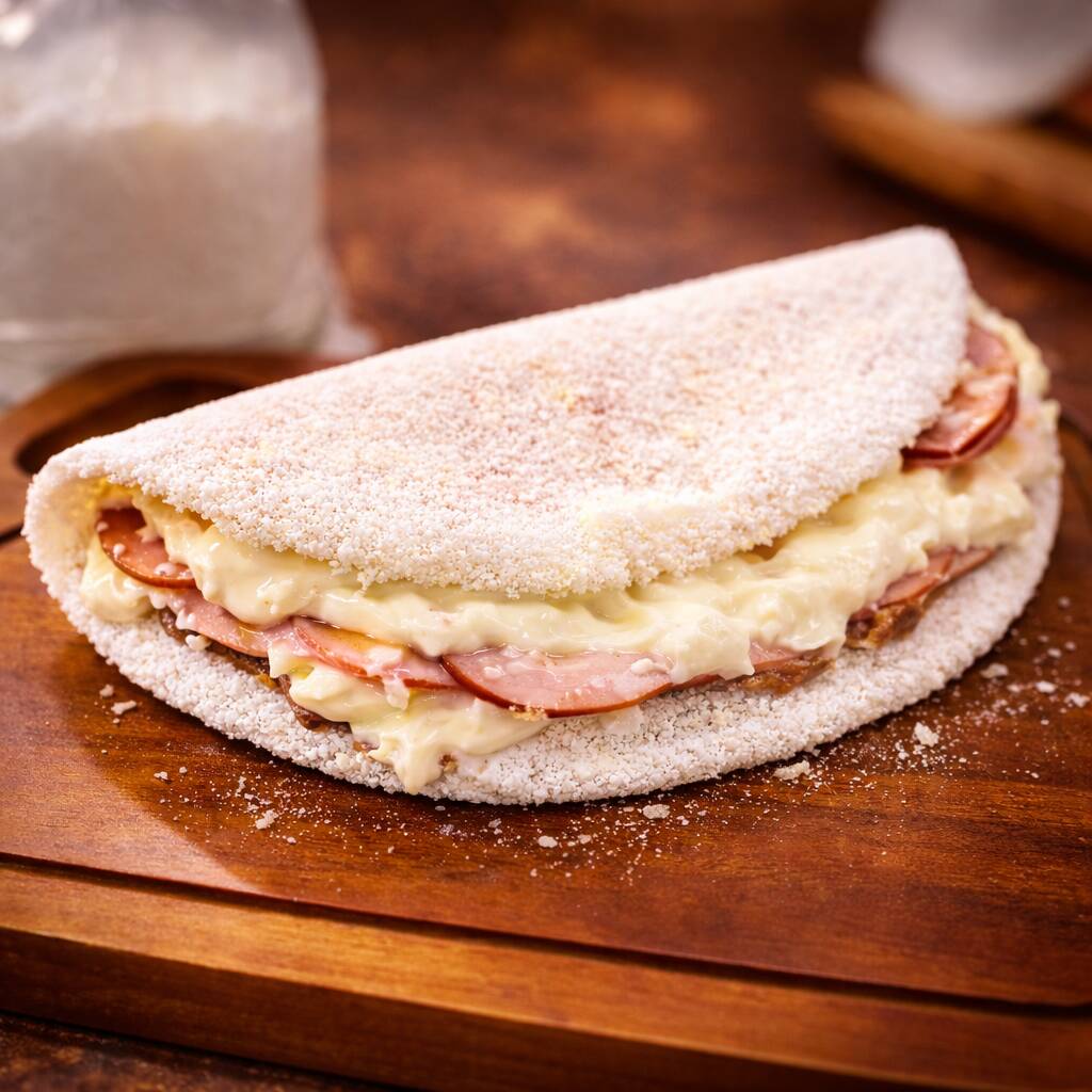 Feita com lombo canadense premium, no ponto certo, e queijo à sua escolha, essa tapioca é pura explosão de sabor a cada mordida! Além disso, você ainda conta com adicionais inclusos (monte do seu jeito) e pode incrementar com os extras do cardápio — do jeito que você quiser! A tapioca da foto possui adicionais extras como cream cheese que combina muito (FICA UMA DELÍCIA!), disponível na seção “Adicionais Extras” do cardápio. #Tapioca #LomboCanadense #TapiocaDeLomboCanadense #Tapiocaria #TapiocaDaAri #Tapiocas #LancheDaTarde #LancheDaNoite #LancheRápido #Lanche