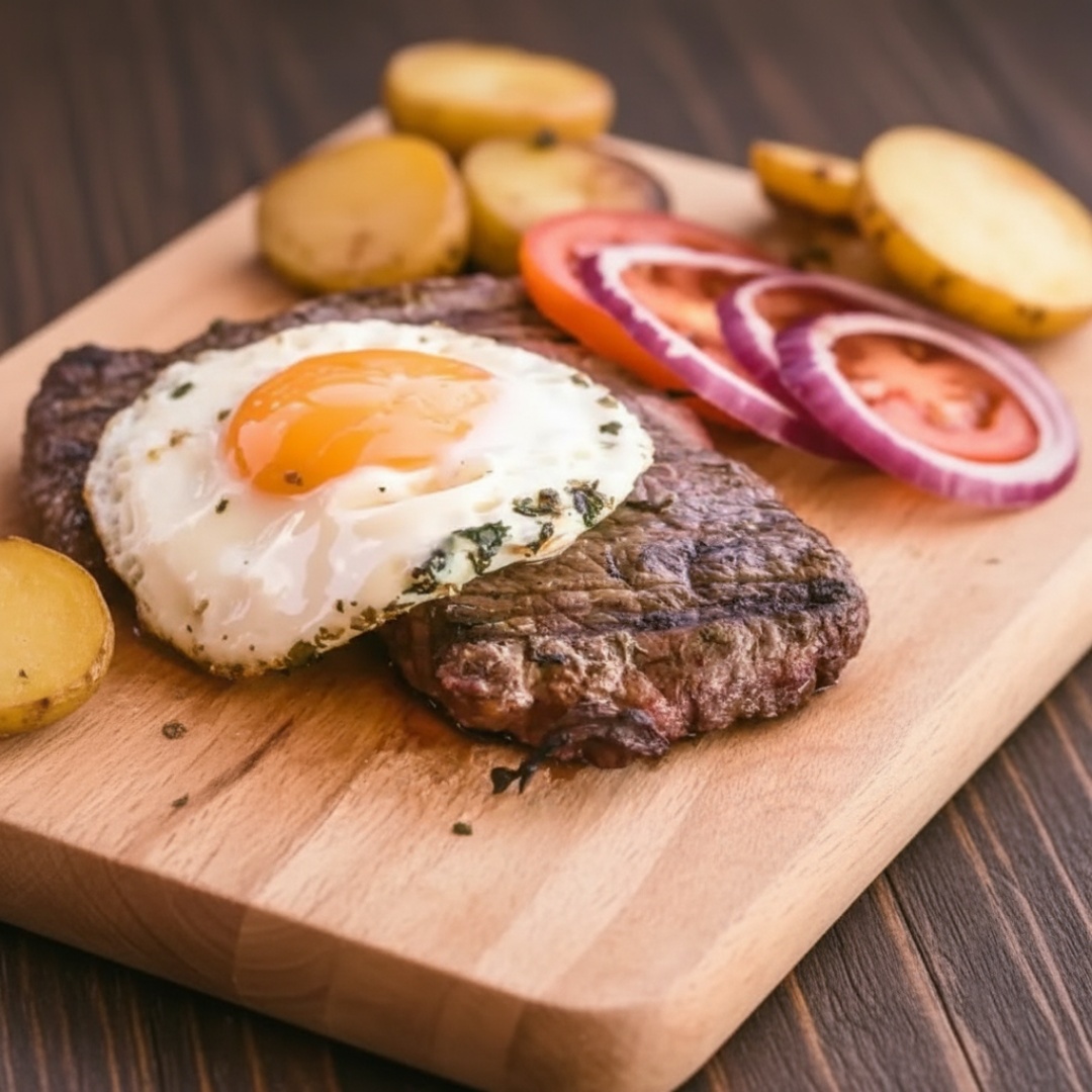 Bife grelhado suculento com 2 ovos fritos por cima, acompanhado de arroz, feijão caseiro, farofinha e legumes refogados. Prato reforçado, daqueles que sustentam o dia inteiro. Comida raiz, daquelas que a você adora
