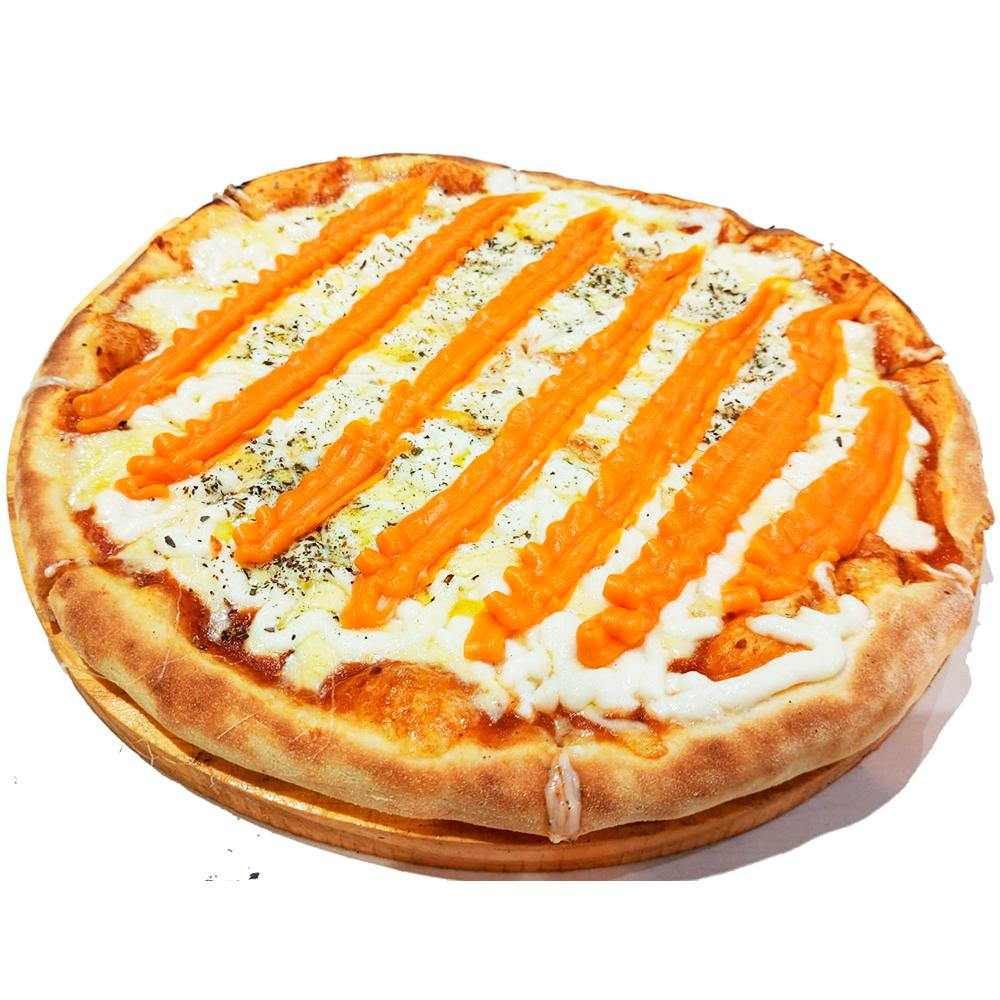 Massa artesanal, Molho de Tomate, Queijo Mussarela, catupiry original e cheddar